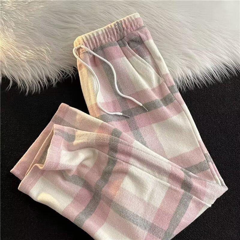 Women's Pink Plaid Woolen Wide-Leg Pants: Thick, Straight, 2024 Style, Slim-Fit.