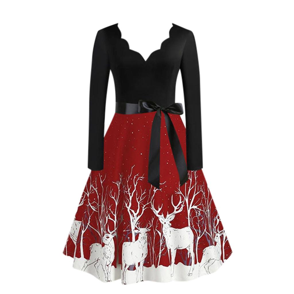 Christmas Print Sequin Patchwork Long Sleeve Dress Deer Skater Party Dresses