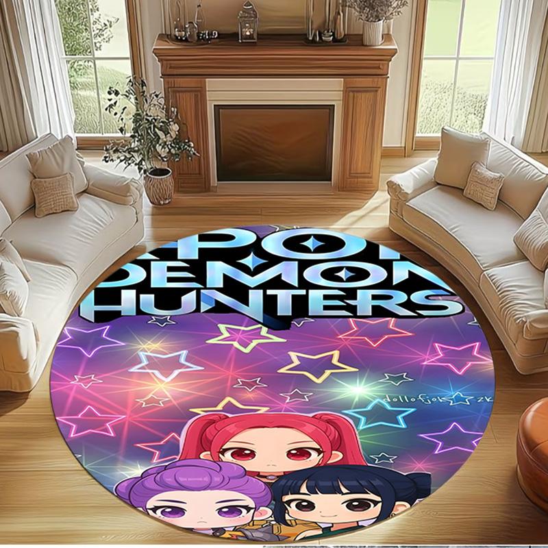 Tappeto Rotondo con Stampa KPop Demon Hunters, Tappeto da Pavimento Lavabile, Per Ingresso, Stanza del Dormitorio, Lavanderia, Ufficio, Studio, Decorazione per la Casa, Regalo di Compleanno Natale