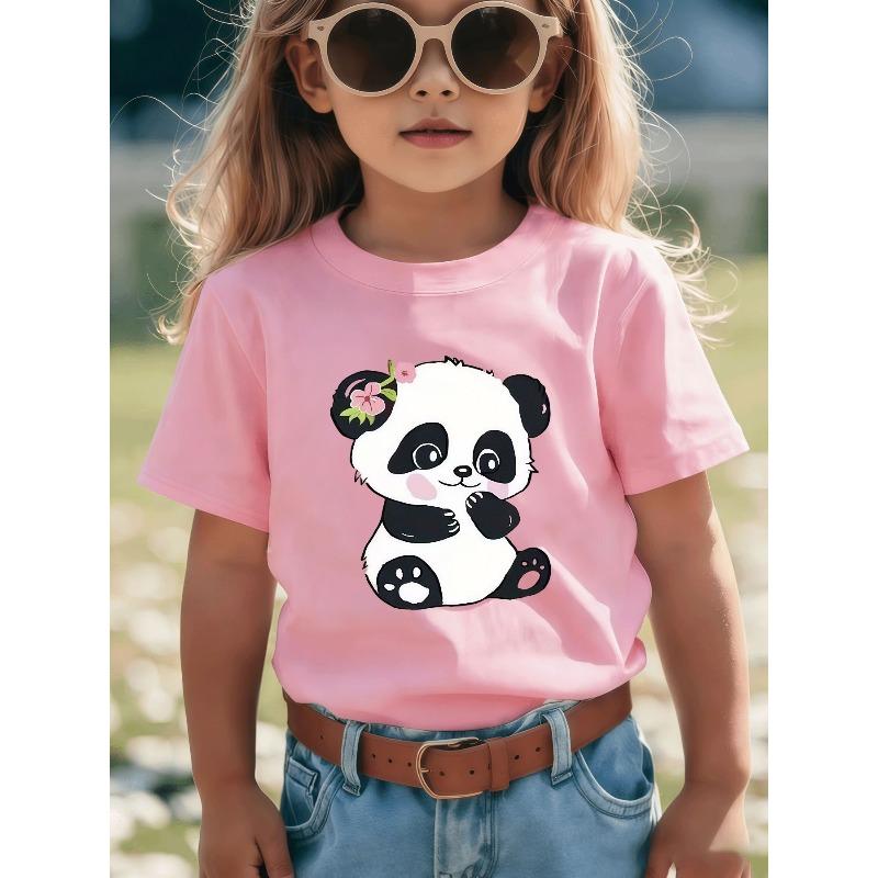 European sizes Cute Cartoon Style Panda T-Shirt - Featuring Pink Flower Decorations, Black Background Design, Suitable for Summer Casual Wear