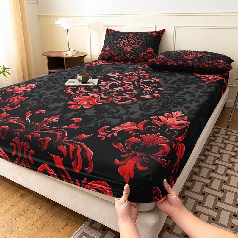 3pcs Black White Floral Digital Printed Fitted Sheet, for Home Bedroom Dormitory and Hotel Use (1 Fitted Sheet + 2 Pillowcases)