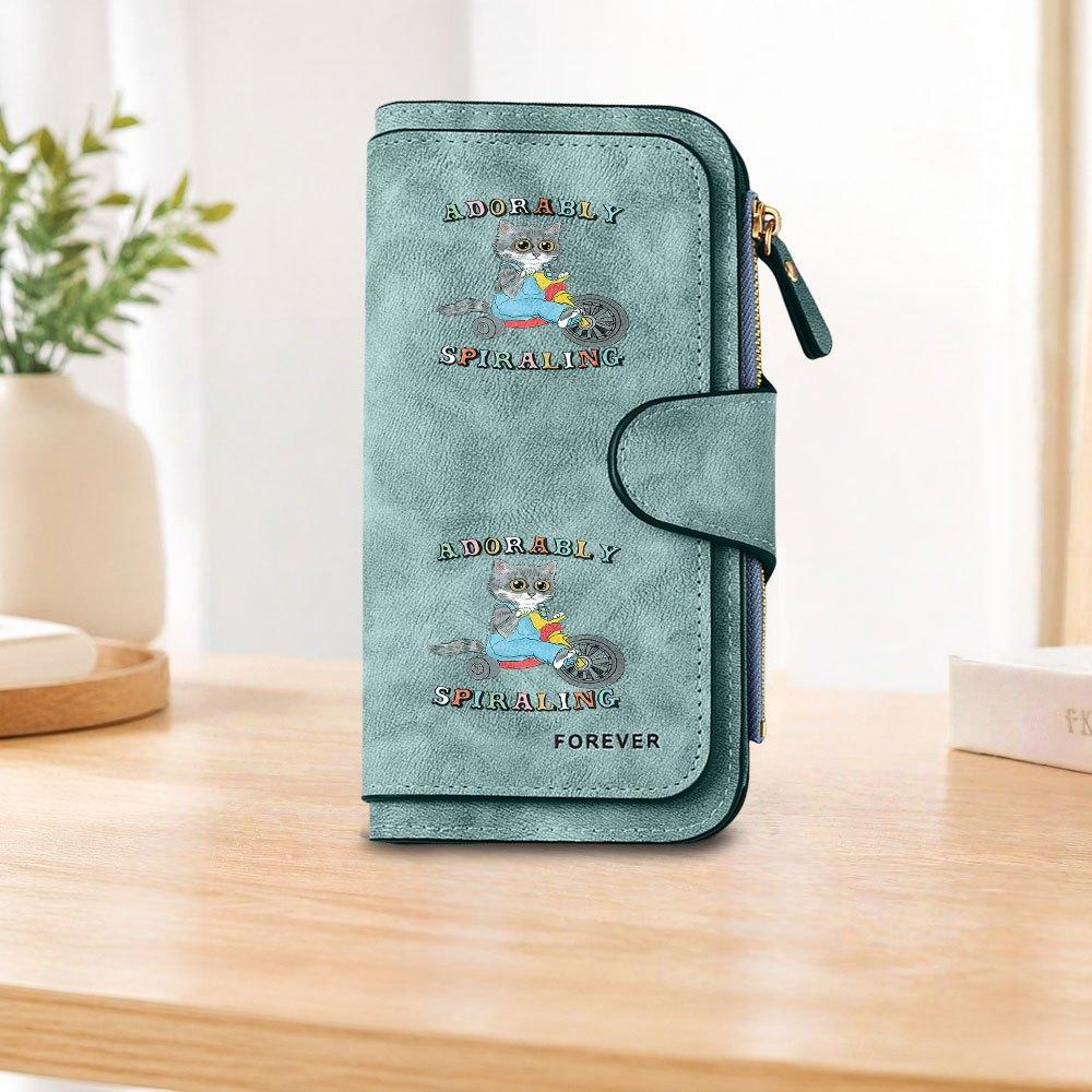 Cute cycling kitten long zipper wallet large capacity card holder unisex clutch bag stylish zippered coin purse suitable for daily use perfect gift