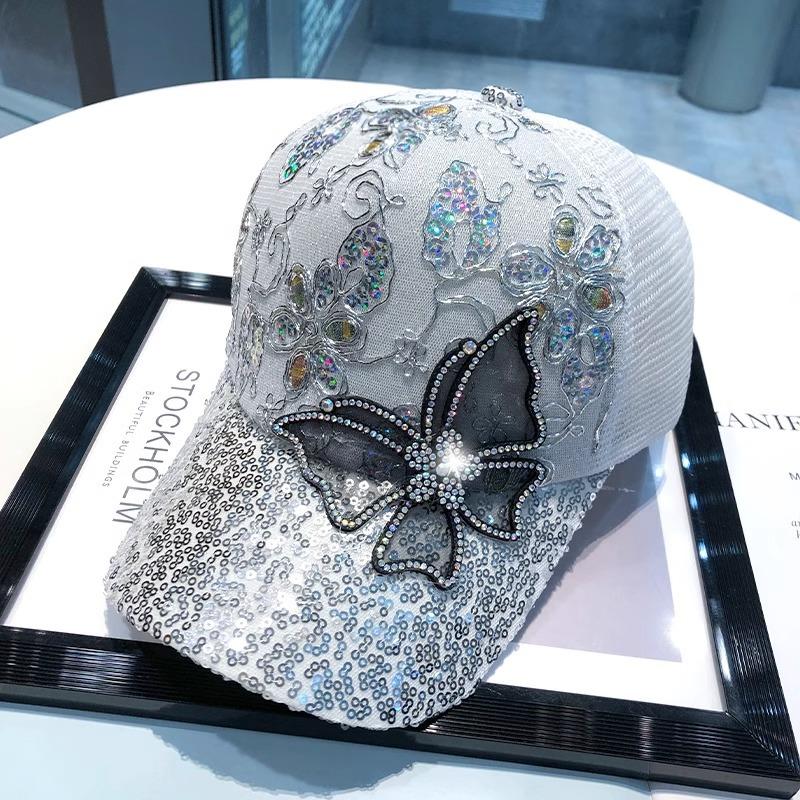 Casquette de Baseball à Papillon Strass Brillants pour Femmes Été Maille Respirante Paillettes Paillettes Chapeau Pare-Soleil Casquettes Visières Extérieures Décontractées blanc
