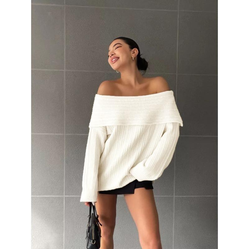 Autumn Winter Loose Casual One Word Collar Solid Sweater Women Sexy Off the Shoulder Bottomed Knitting Top