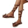 Fashion 2025 Summer New Women's Rome Sandals with Ankle Tie Bow & Leopard Print Flat Shoes Plus Size Ladies Casual Footwear Sandals