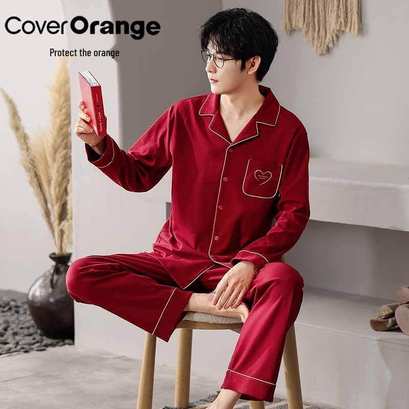 

BaoWei Мужской праздничный красный пижамный комплект из чистого хлопка с длинными рукавами и для дома