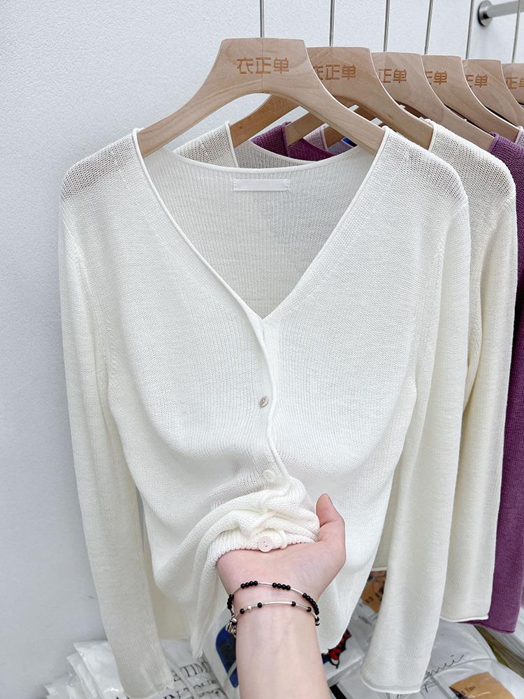 

Корейский кардиган женский тонкий летний повседневный однотонный женский солнцезащитный универсальный трикотажный V-образный вырез сладкий стиль конфетный цвет базовый повседневный One Size белый