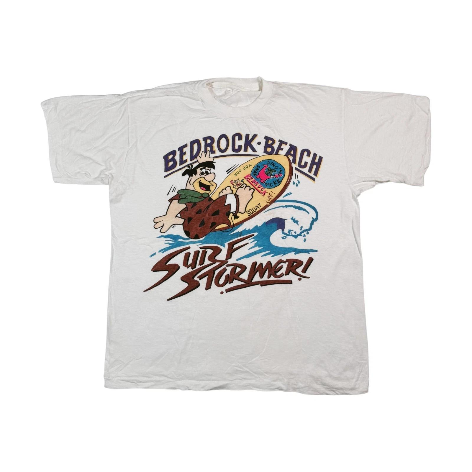 Vintage Bedrock Beach Surf Stromer T-shirt Flintstones Single Stitch White XL L