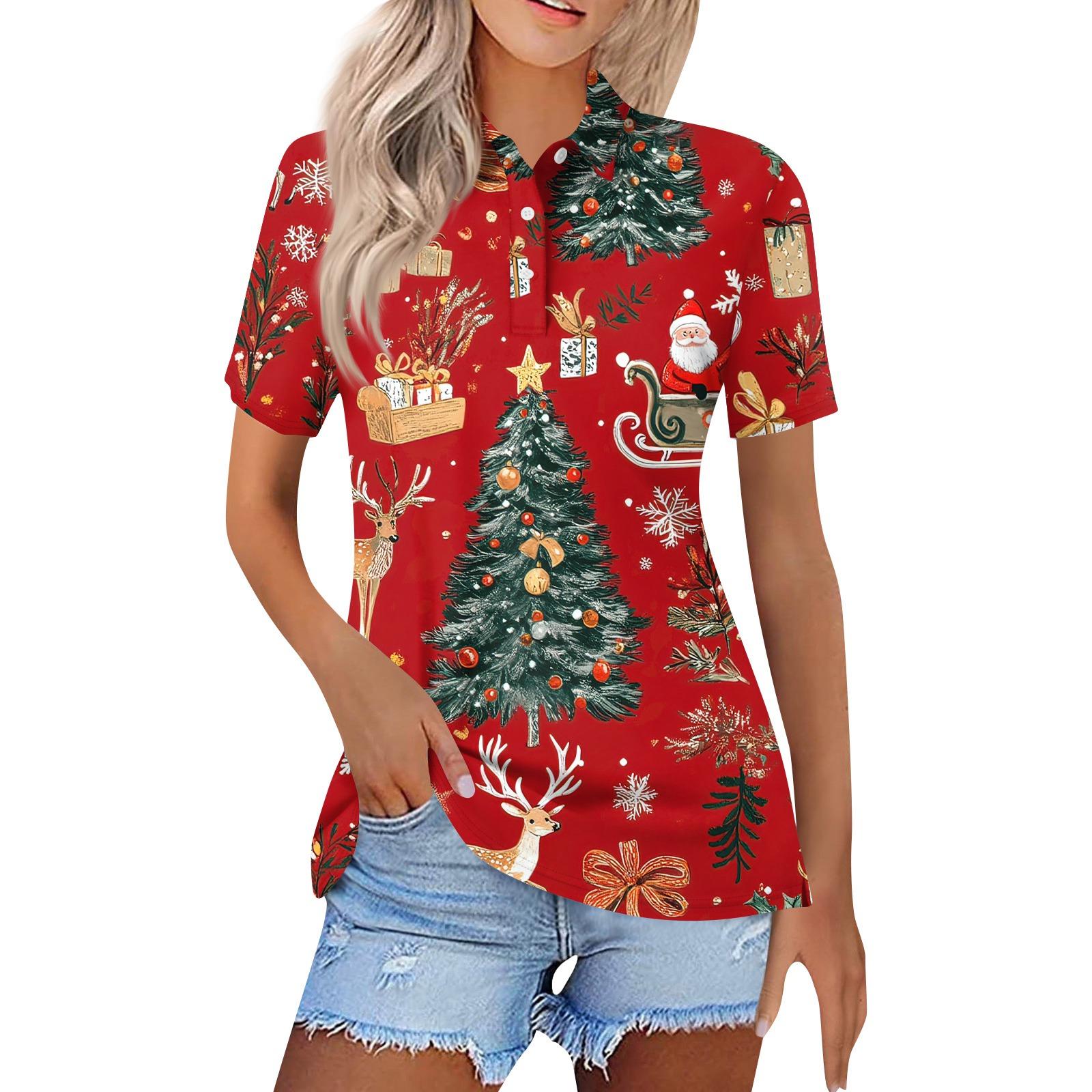 

Женская модная повседневная рубашка с лацканами и короткими рукавами с рождественским принтом, женские топы на пуговицах XL арбуз красный