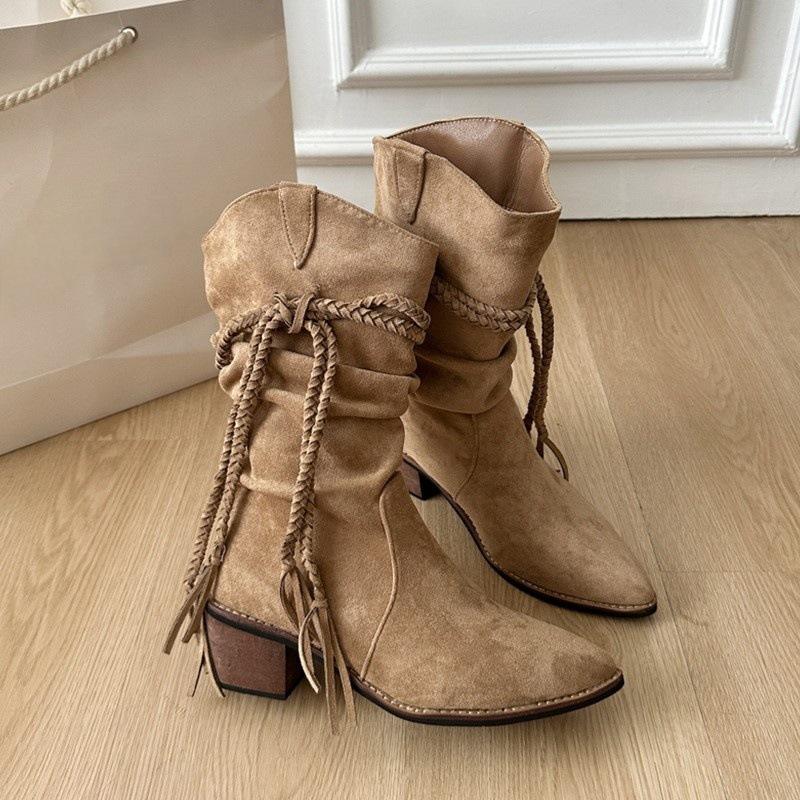 Vintage Short Knight Boots Women s Tall Heel Boots Premium Small Pile Boots 35