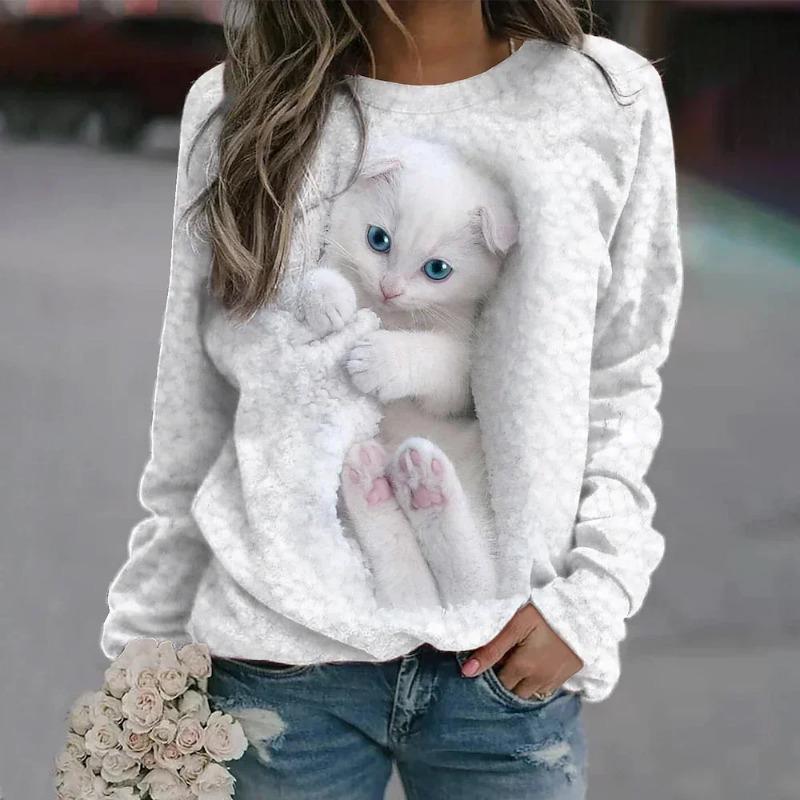 Women's 3D Pullovers O-neck Long Sleeve Cat Puppy Fashion Animal Cute Pet Print Hoodies Large Casual Street Wear Oversize Sweatshirt Ootd