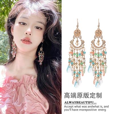 Crochets d'oreille frangés en perles de riz en cristal artificiel style bohème boucles d'oreilles longues style ethnique boucles d'oreilles légères de luxe haut de gamme