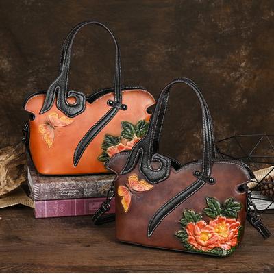 Genuine Leather Women Bag Handmade Embossing Retro Luxury Handbags Large Capacity Shoulder & Crossbody Bags KTB