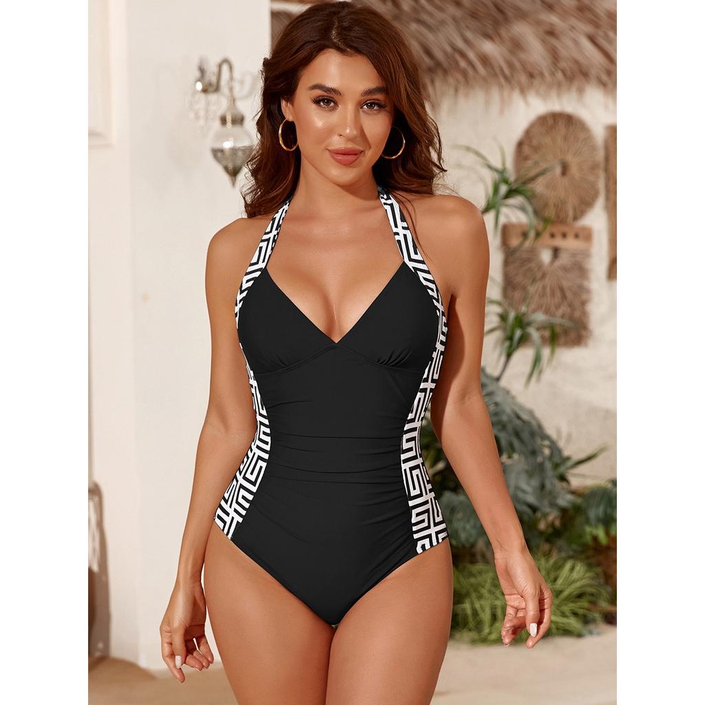 Swimsuit Women Splicing One-piece Deep V Hanging Neck Bikini Swimsuit