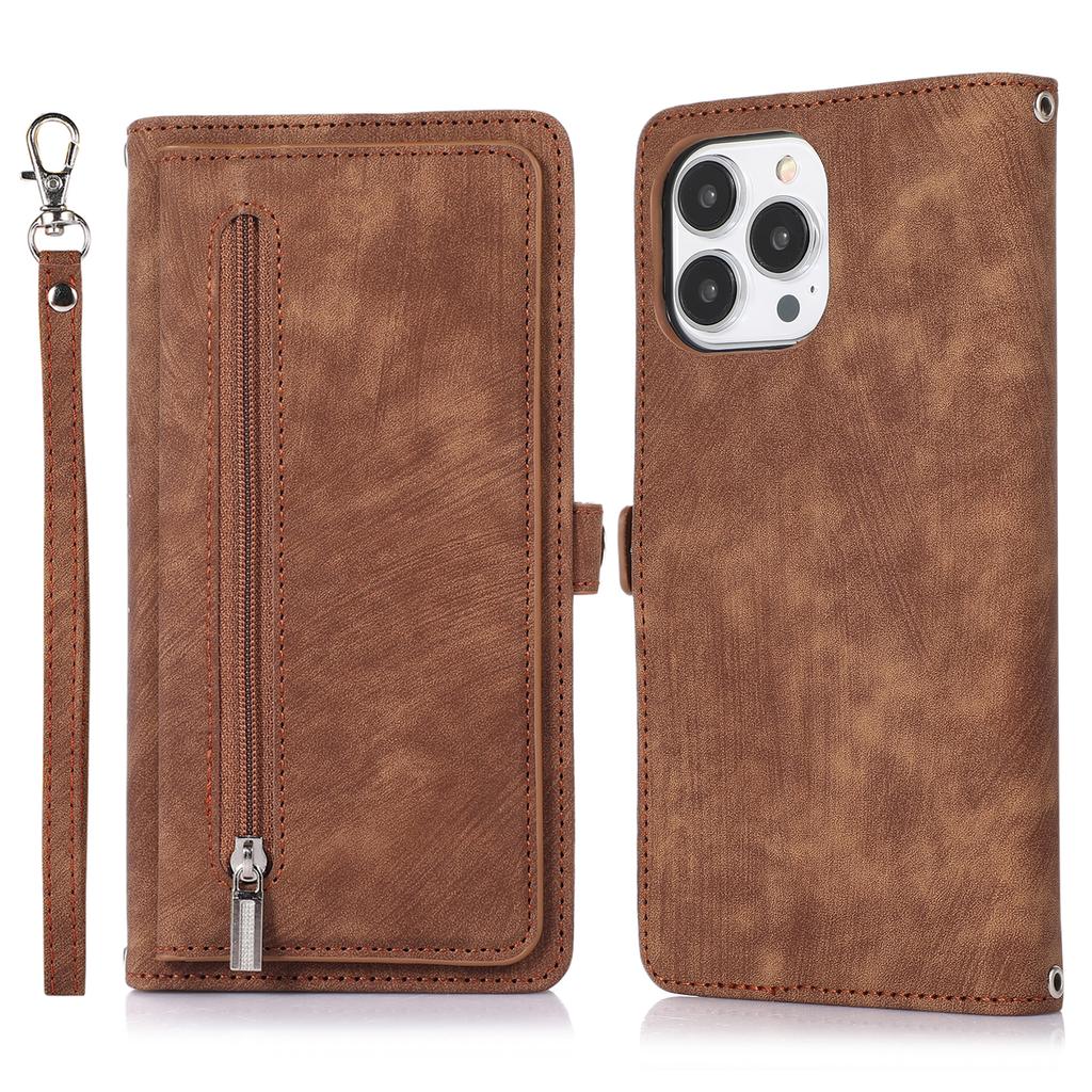 For iPhone 16 Pro Case Zipper Pocket 9 Card Slots PU Leather Phone Cover with Wrist Strap