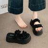 Thick-soled one-word slippers women's summer new pleated lace high-end slope heel high outer sandals