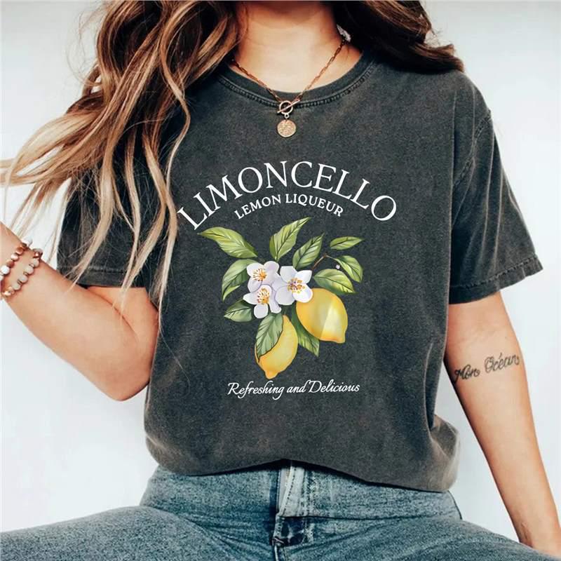 

Retro Unisex Lemon Print Washed Distressed Cotton T-shirt Medium