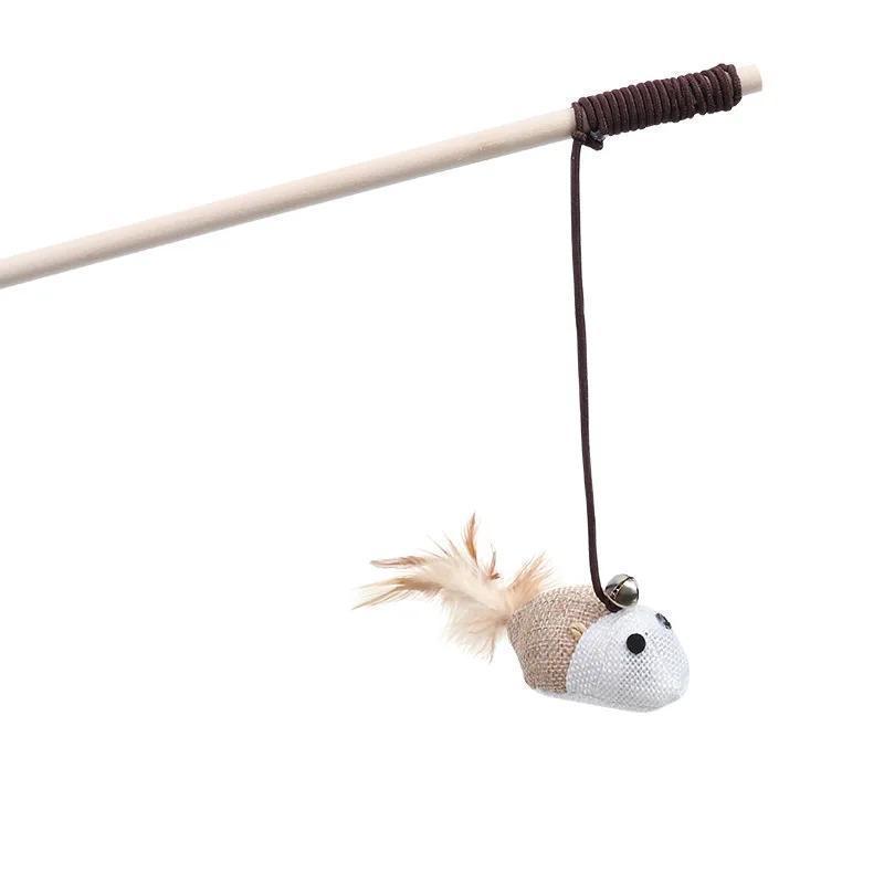 New Mouse Wooden Teasing Cat Rod Cat Toy Pet Supplies Feather Bell Wooden Rod Teasing Cat Stick Fuuny Pet Toys Supplies