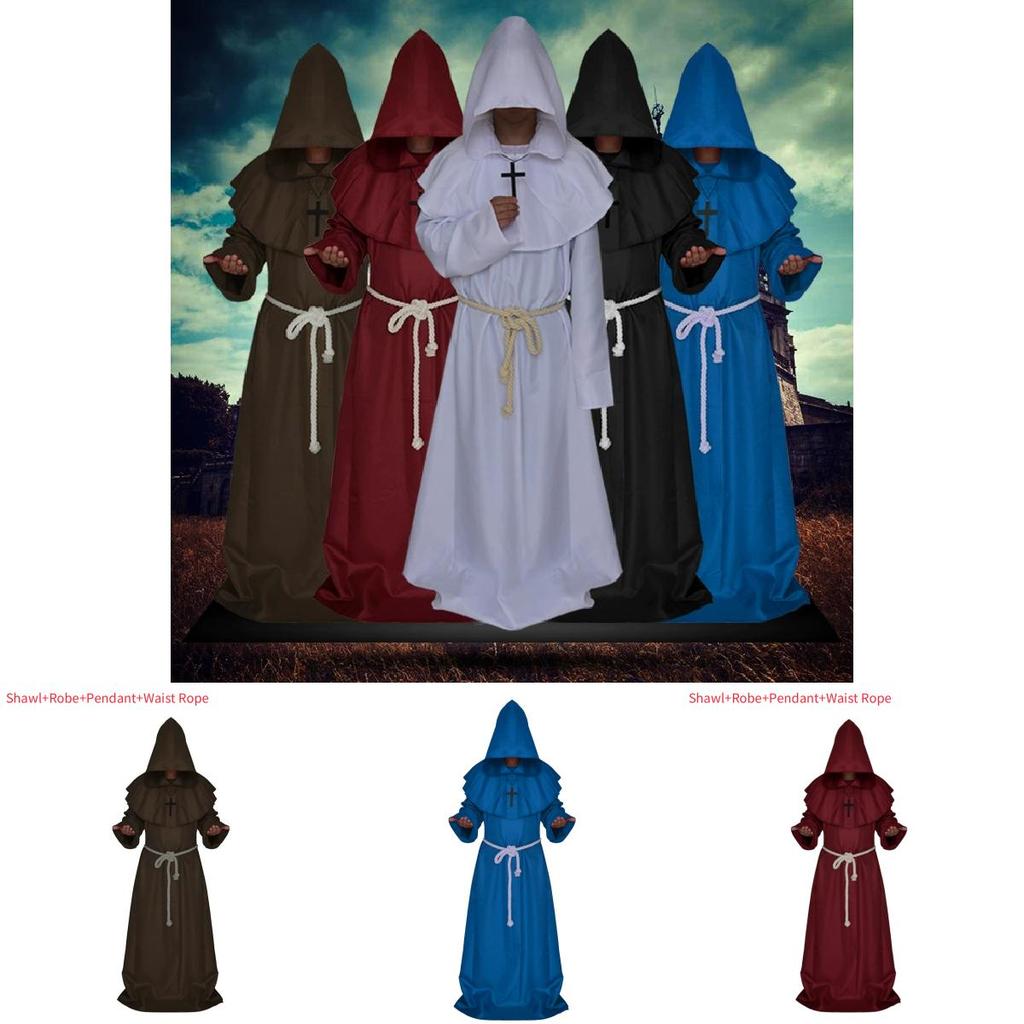 Medieval Monk Costume Wizard Priest Robe Shawl Set For Halloween Cosplay Enthusiasts