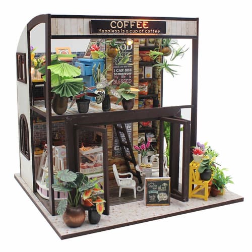 Moin Moin Dollhouse Miniature DIY Kit Set: Coffee Shop with Plants | Two-Story Modern | Medium | LED Light + Acrylic Case (Product Code: 2008DH193)