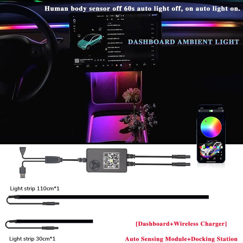 For Tesla Model 3/Y 2 IN 1 Dynamic Neon RGB Car LED Ambient Lighting 60s Automatic OFF Module Dashboard Lighting Decorative Lamp