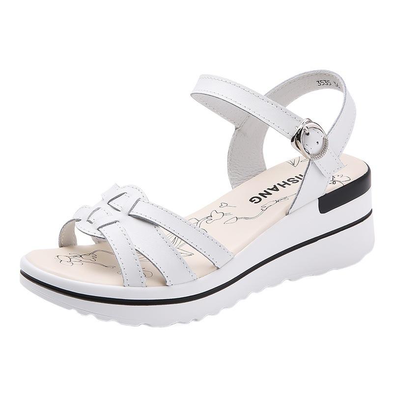 Student fashion thick-soled wedge heel leather medium heel sports sandals women's one-word buckle