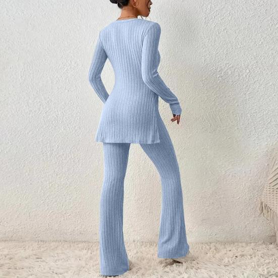 Women Two Pieces Suit Winter Autumn Knitted Long Sleeve Ribbed Slit Top High Waist Flared Trousers Set Fashion Outfit