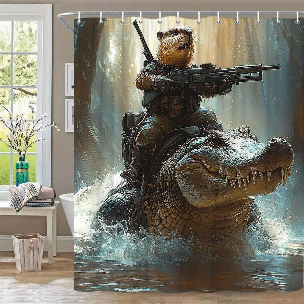 

1Pc Anthropomorphic Otter Commando On Crocodile Shower Curtain - Misty Jungle Fantasy Adventure Design, 70. 86 X 70. 86 Inches, W60H190(CM)-1 Pcs