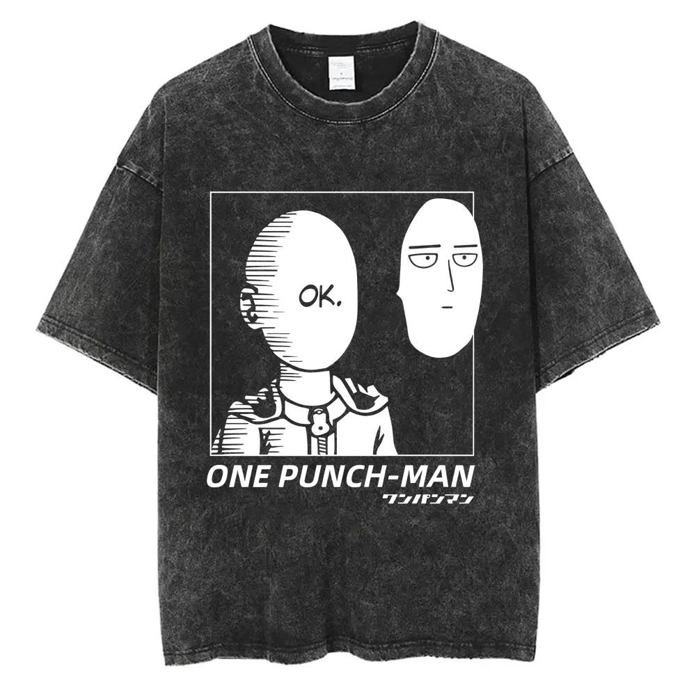 Gewaschenes Vintage Anime One Punch Man Saitama Saitamas Fitnessstudio Lustiges Meme Grafik T-Shirt Herren Damen Fitness Freizeit Übergroße T-Shirts