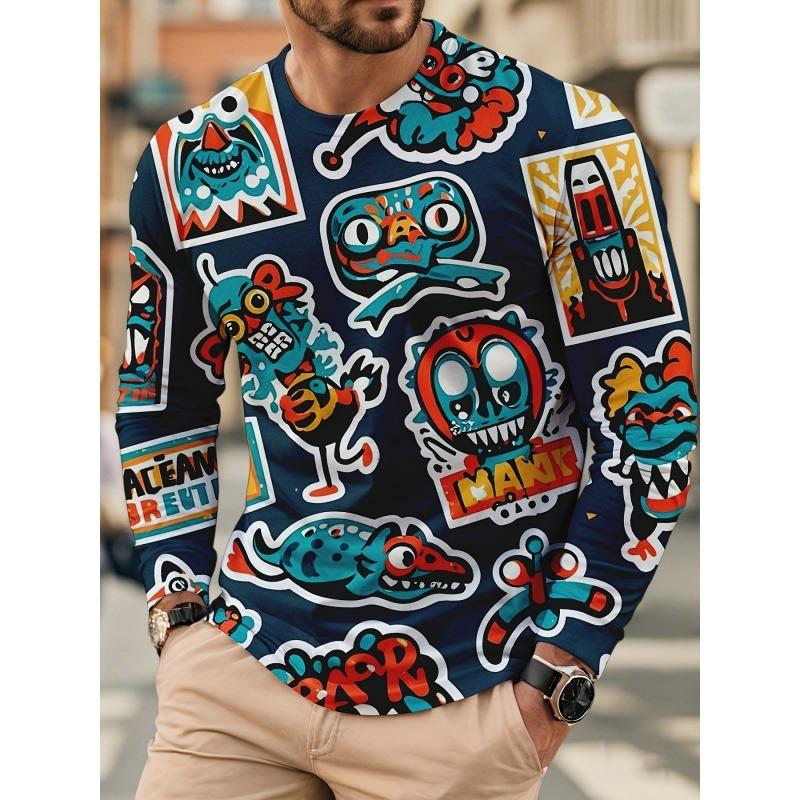 Cool Cartoon Graffiti Print T Shirt For Men Skull Robot Pattern Tees Autumn Casual Long Sleeves O-Neck Tops Loose T-Shirts