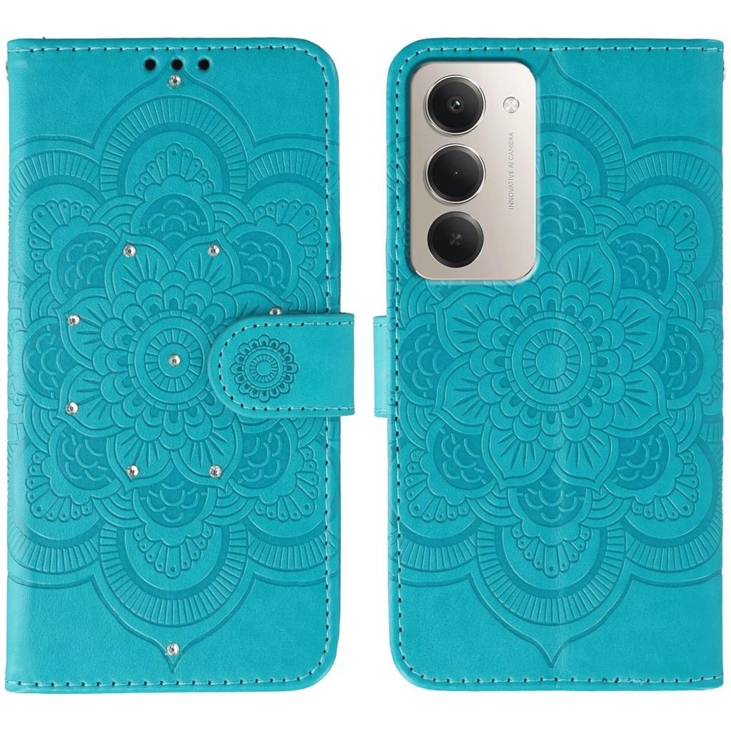 For Xiaomi Redmi 15 5G Case Rhinestone Decor PU Leather Mandala Imprinted Design Phone Cover with Wrist Strap