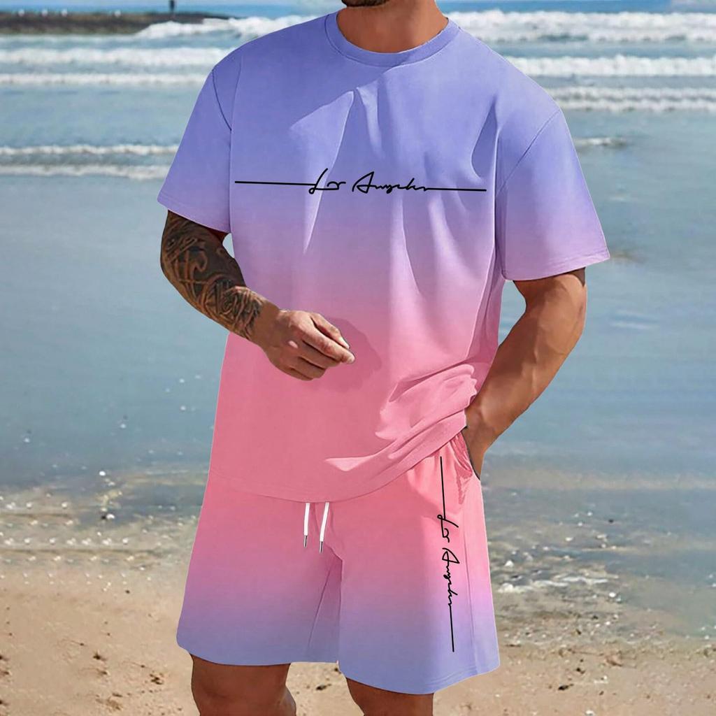 Men'S Solid Color Casual Round Neck Short Sleeved Shorts Two-Piece Set