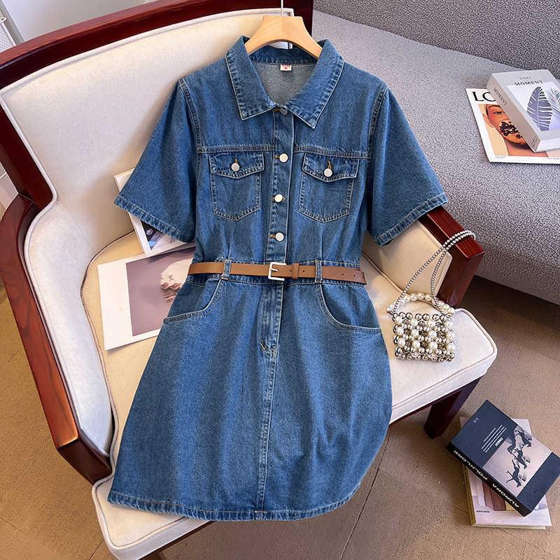 Retro Design Džínové A-liniové Letní Šaty s Krytím Bříška a Zeštíhlením Pasu, Krátký Rukáv