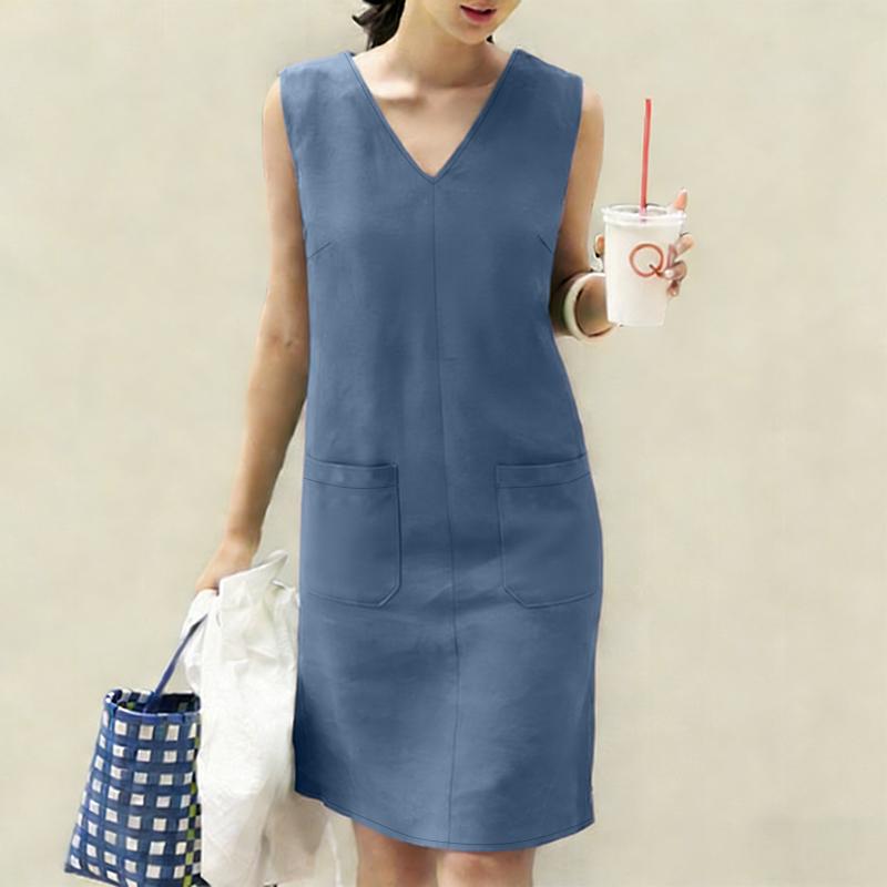 ZANZEA Women Casual V-Neck Summer Sleeveless Dress
