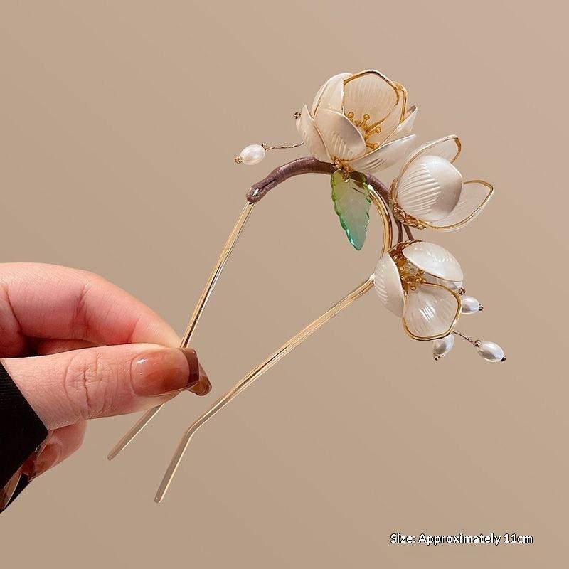 1Pcs U Shape Jade Orchid Hairpin For Women Vintage Chinese Style Wrapping Flower Hairpin Handmade Metal Jewelry Hair Accessory