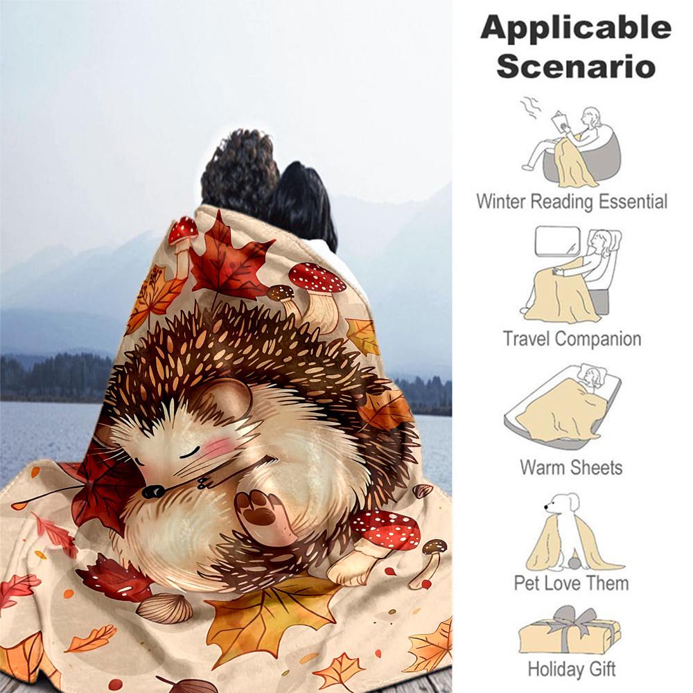 1PC Hedgehog, AutumnOutdoor Flannel Blanket - Soft Plush Decor for Picnics, camping, Bedroom, Playroom, Office, or Lunch Break 1219A