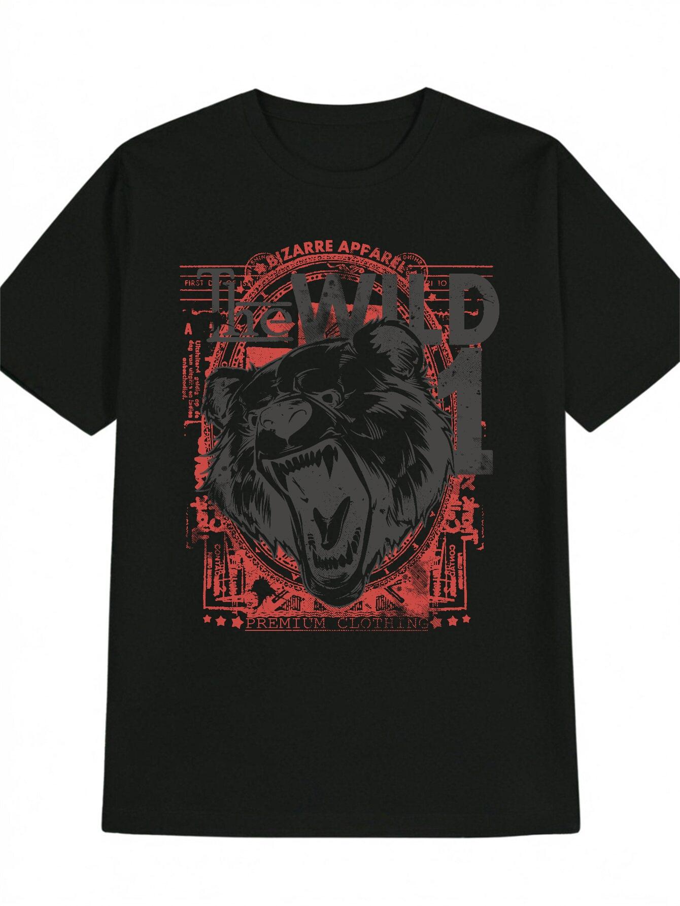 Casual Black T-shirt with Red Bear Head Print -  WIP  Design L