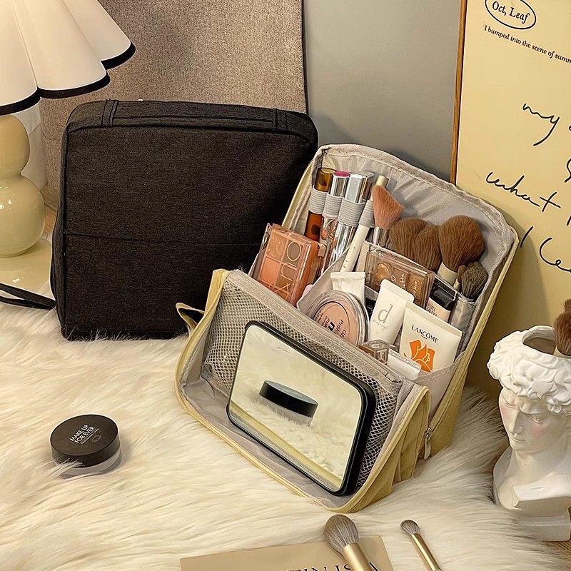 Large Capacity Women's Portable Vertical Cosmetic Bag with Multilayer Storage for Skincare and Travel