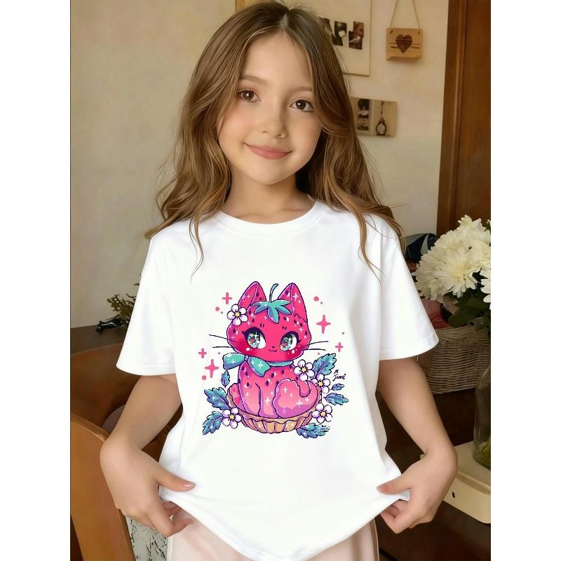 European size Girls round neck short sleeved T-shirt with pink strawberry pattern 98cm белый