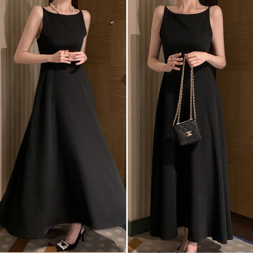 BEYANE Long Concert Party Wedding Adult Simple Long Open Cabaret High School Cocktail Evening Dress Dress, Dress, Dress, Black, Camisole, Satin,
