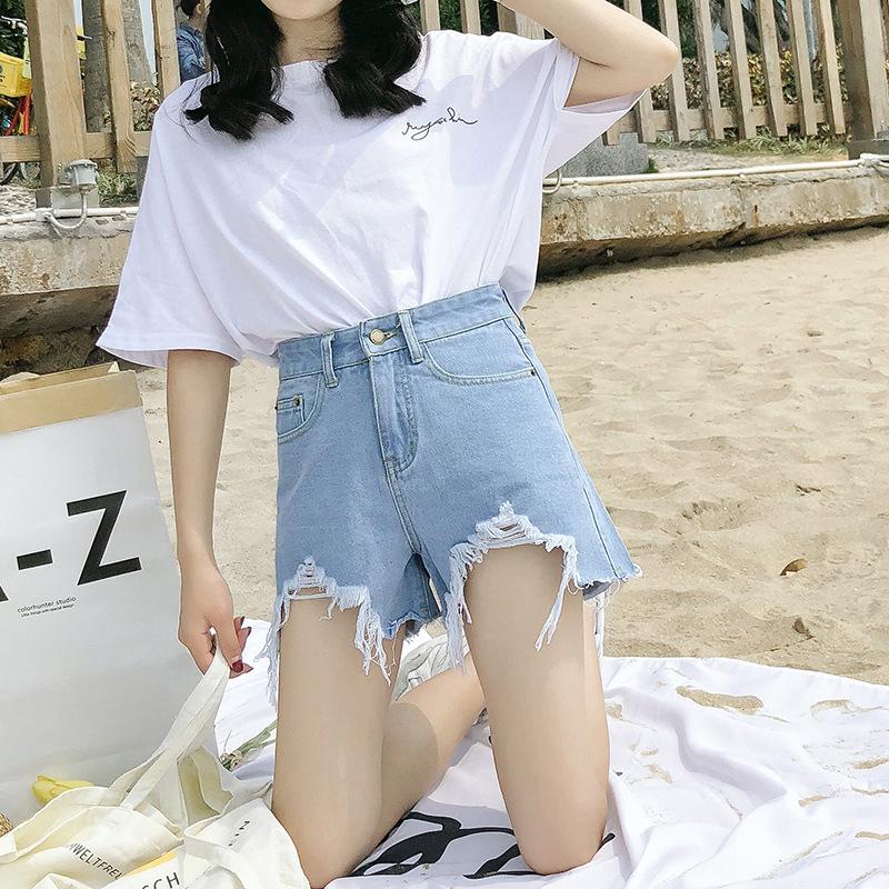 

Женские джинсовые шорты с высокой посадкой, черные, рваные - в корейском стиле с кисточками, коллекция лето 2025. Large светло-синий