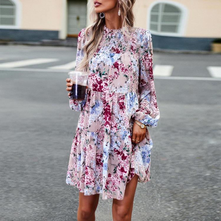 Women Floral Printed Casual Loose Fit Dress Long Sleeve Short O Neck All Match