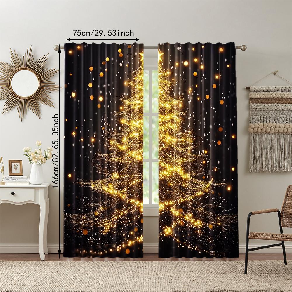 Christmas Tree Print Curtains Rod Hole Design For Easy Hanging Perfect For Living Room Bedroom Office Polyester Home 2Pcs Golden