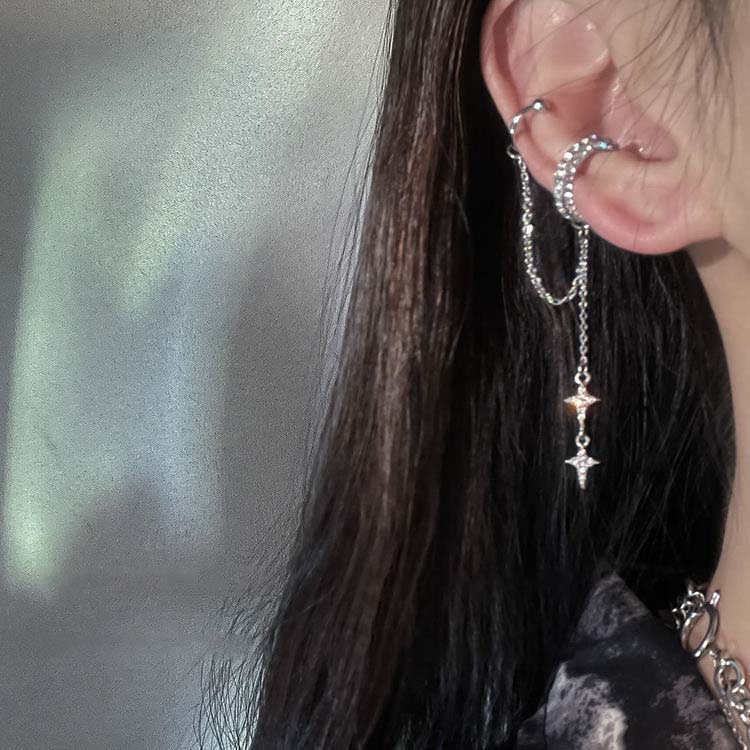 Sparkling Asymmetric Zircon Star Moon Ear Clip for Women Without Piercing Cross Tassel Ear Cuff Clip Earrings Wedding Jewelry