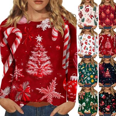 Dámsky módny ležérny top s dlhým rukávom s vianočnou potlačou a okrúhlym výstrihom