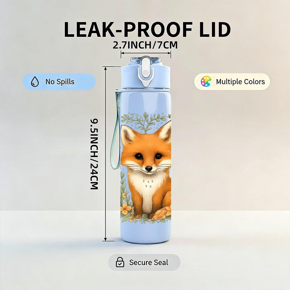 1PC Leaf Frame Fox Illustration 750ml Color Plastic Sports Water Bottle Leakproof Flip Straw Lid Suitable for Sports Office Home Use