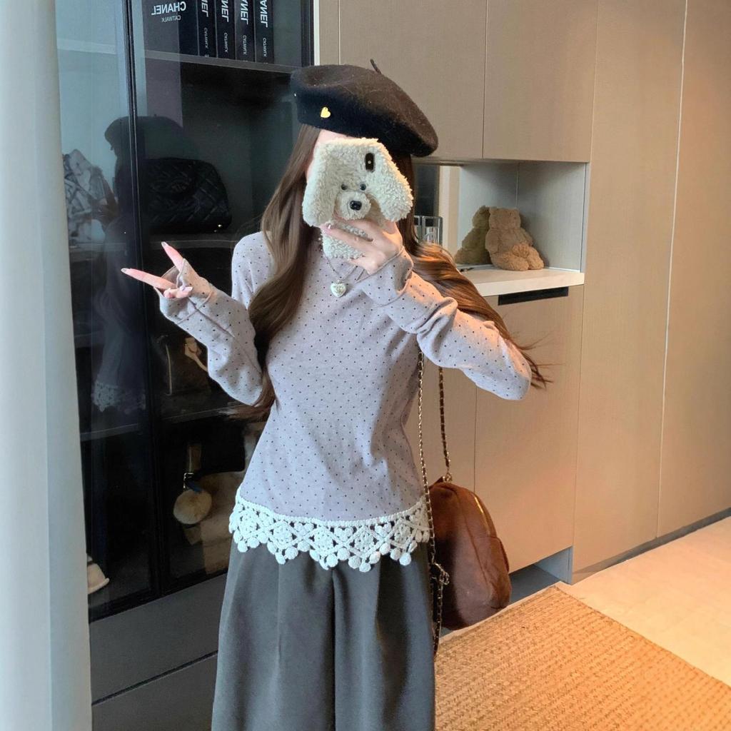 Retro French Polka Dot Slim-Fit Long-Sleeve Women's T-Shirt, Autumn/Winter Collection