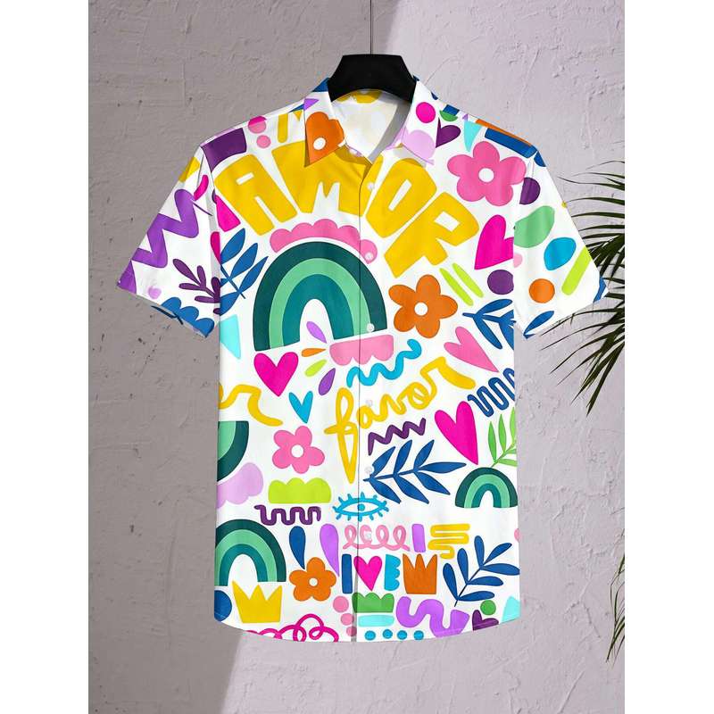 Women's Short Sleeve Button Up Shirt Colorful Graffiti Rainbow Leaf Pattern Commuter Casual Top Machine Washable