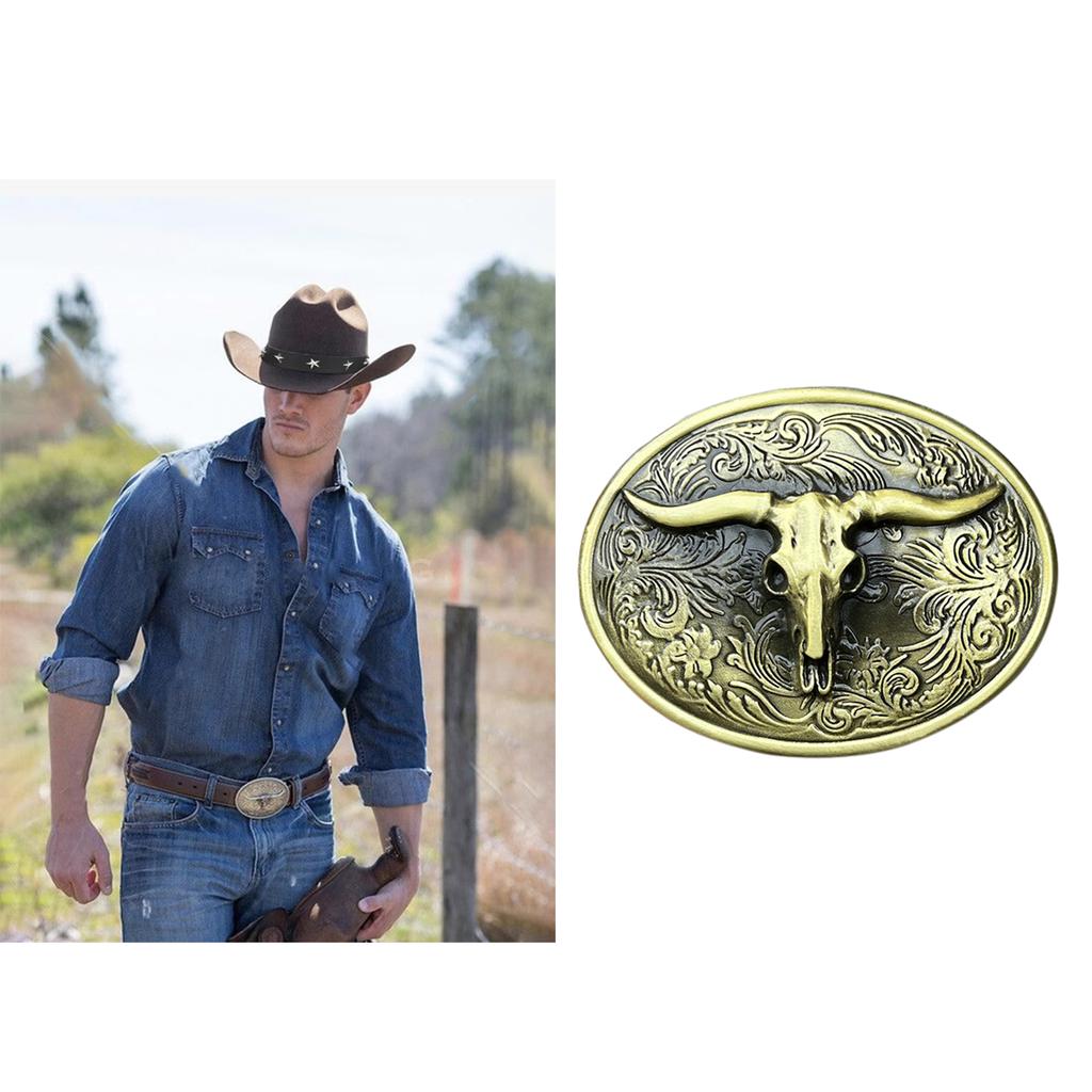 Vintage Carved Floral Pattern Belt Buckle Metal Adult Bull Head Shape Buckle Replacement DIY Craft Belt Oval Buckle