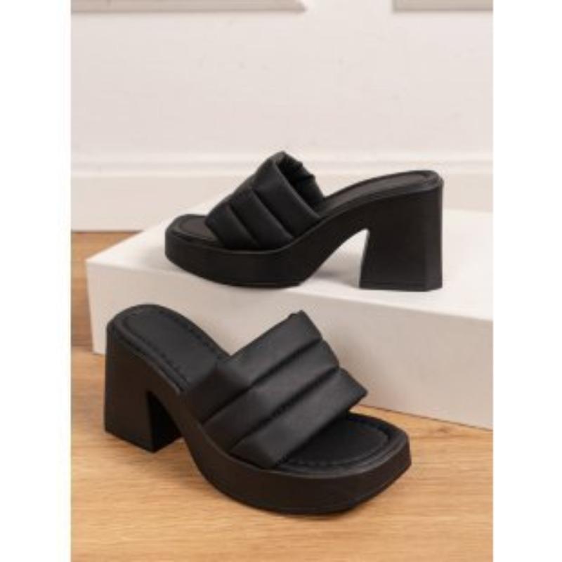 Womens High Heel Sandals for Outdoor Wear French Style Minimalist Casual Versatile Chunky Heel One Band Slippers Comfortable Chunky Heel